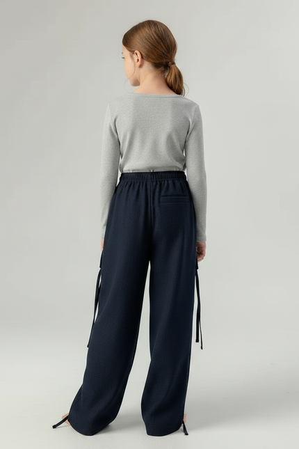 Pantalon Japonais Large Bleu Marine Fluide Cargo - Laine - vue 2