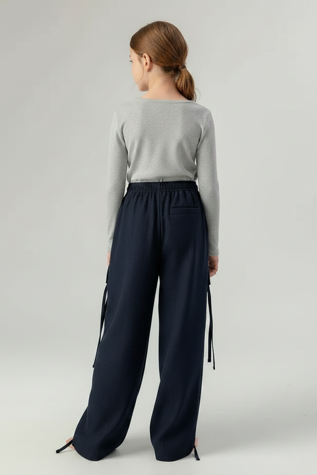 Pantalon Japonais Large Bleu Marine Fluide Cargo - Laine - vue 2