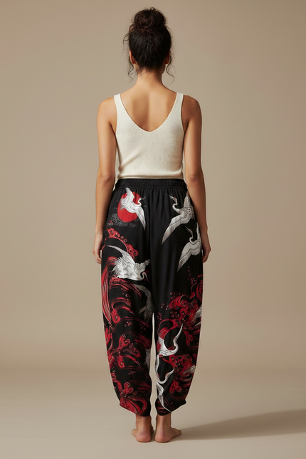 Pantalon Japonais Noir Grues Rouges Fluide Ample - Satin - vue 2