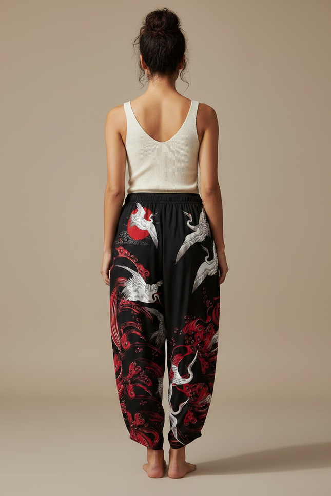 Pantalon Japonais Noir Grues Rouges Fluide Ample - Satin - vue 2