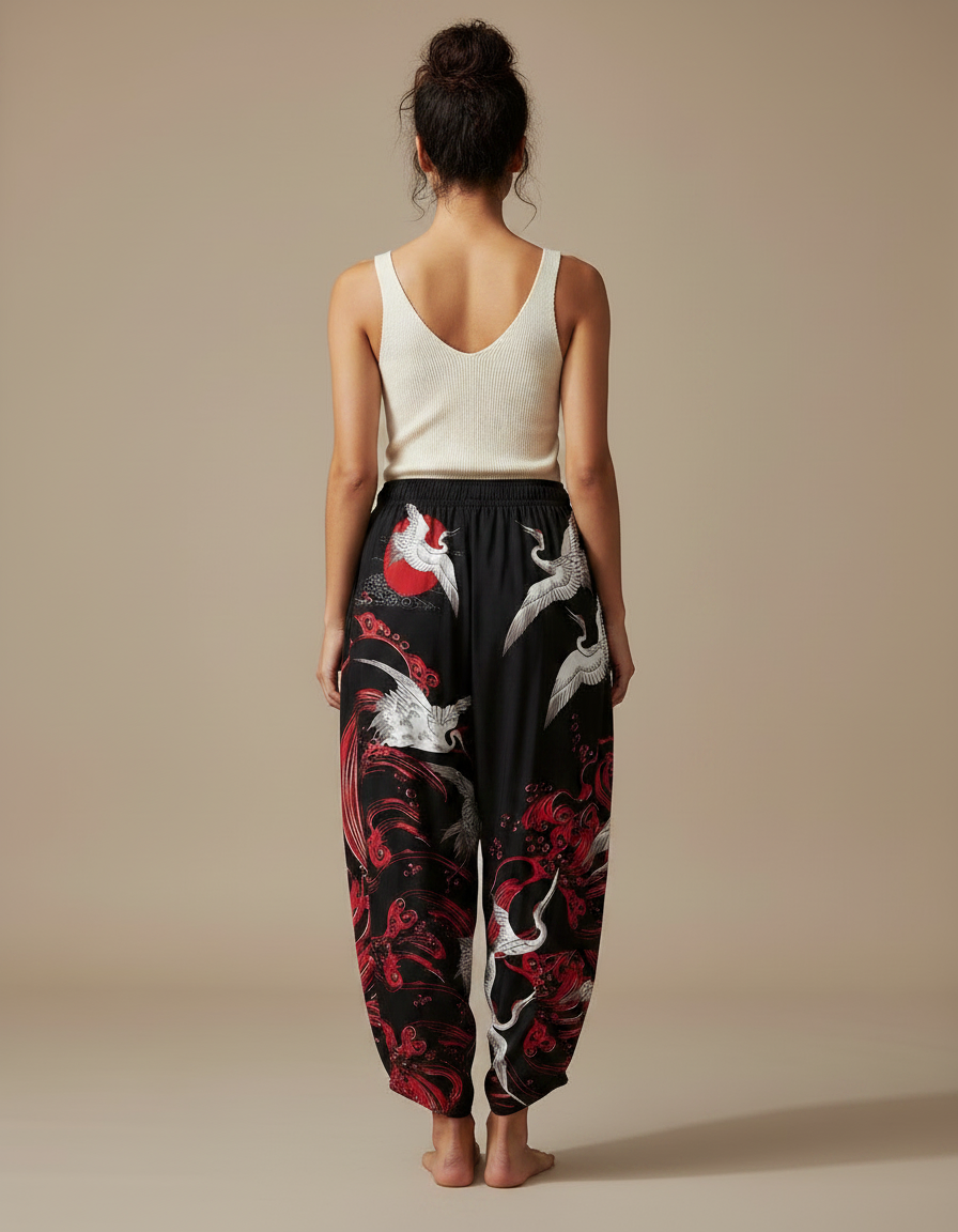 Pantalon Japonais Noir Grues Rouges Fluide Ample - Satin - vue 2