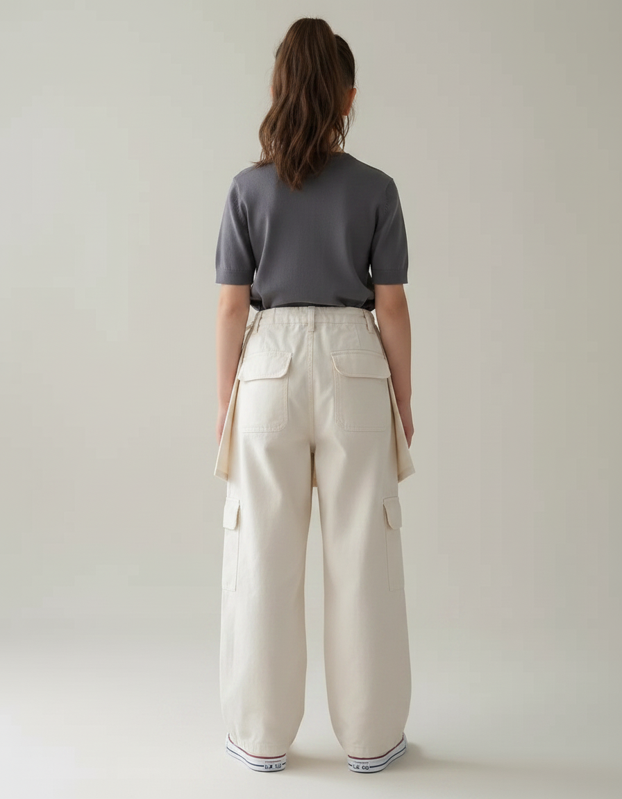 Pantalon Japonais Beige Cargo Ample Jupe-culotte Enfant - Toile - vue 2