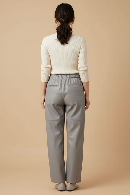 Pantalon Japonais Gris Ample Similicuir Taille Haute - Simili cuir - vue 2