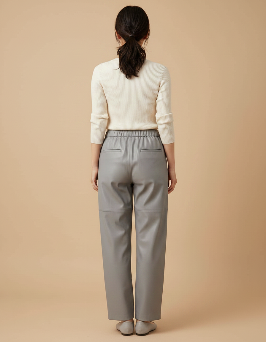 Pantalon Japonais Gris Ample Similicuir Taille Haute - Simili cuir - vue 2