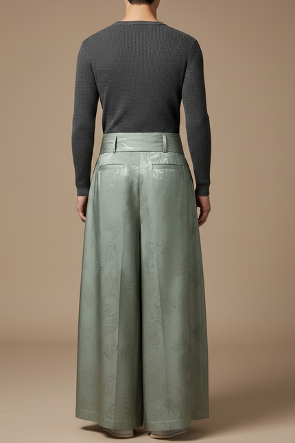 Pantalon Japonais Vert Ample Jacquard Dragon Vintage Homme - Satin - vue 2