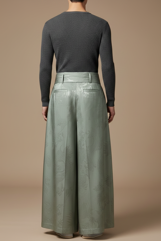 Pantalon Japonais Vert Ample Jacquard Dragon Vintage Homme - Satin - vue 2
