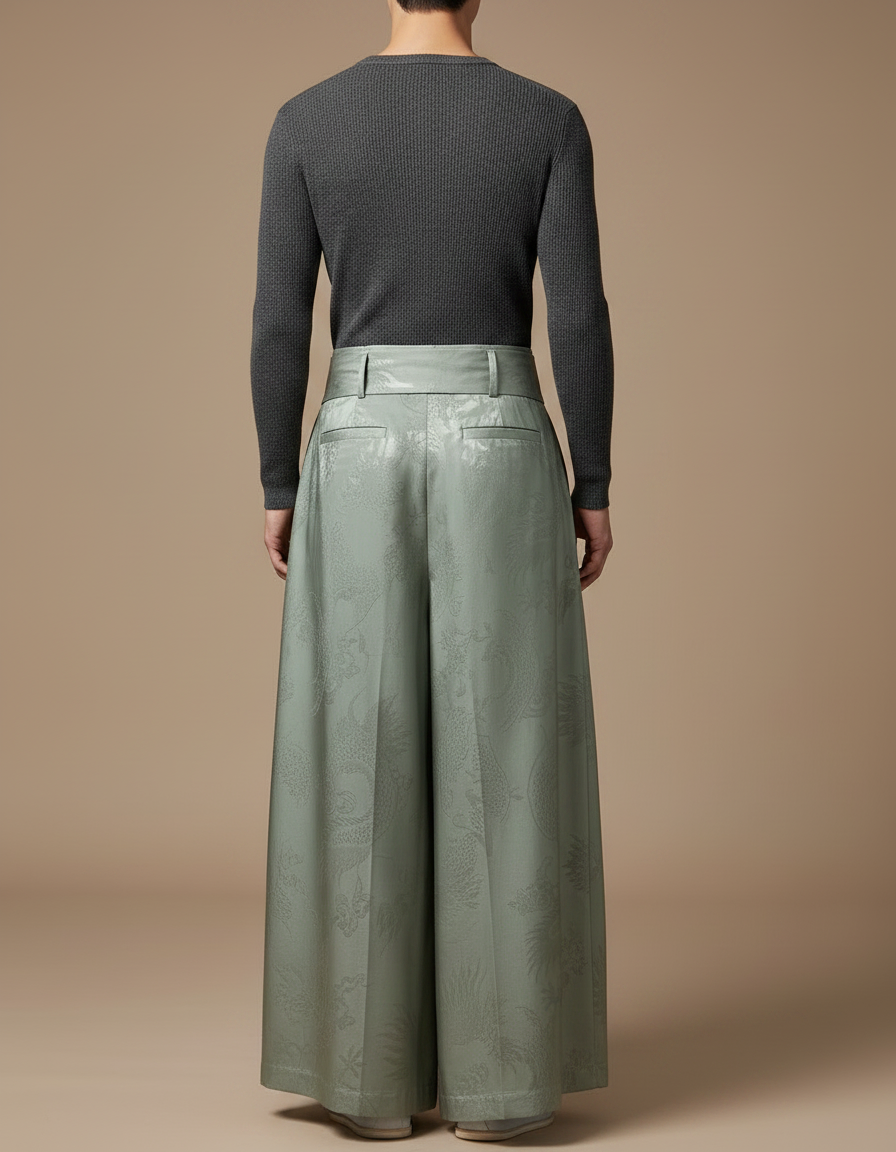 Pantalon Japonais Vert Ample Jacquard Dragon Vintage Homme - Satin - vue 2