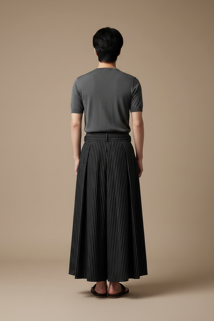 Pantalon Japonais Noir Rayé Plissé Ample Ceinturé - Gabardine - vue 2