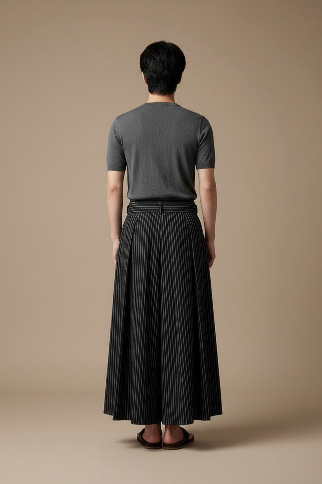 Pantalon Japonais Noir Rayé Plissé Ample Ceinturé - Gabardine - vue 2
