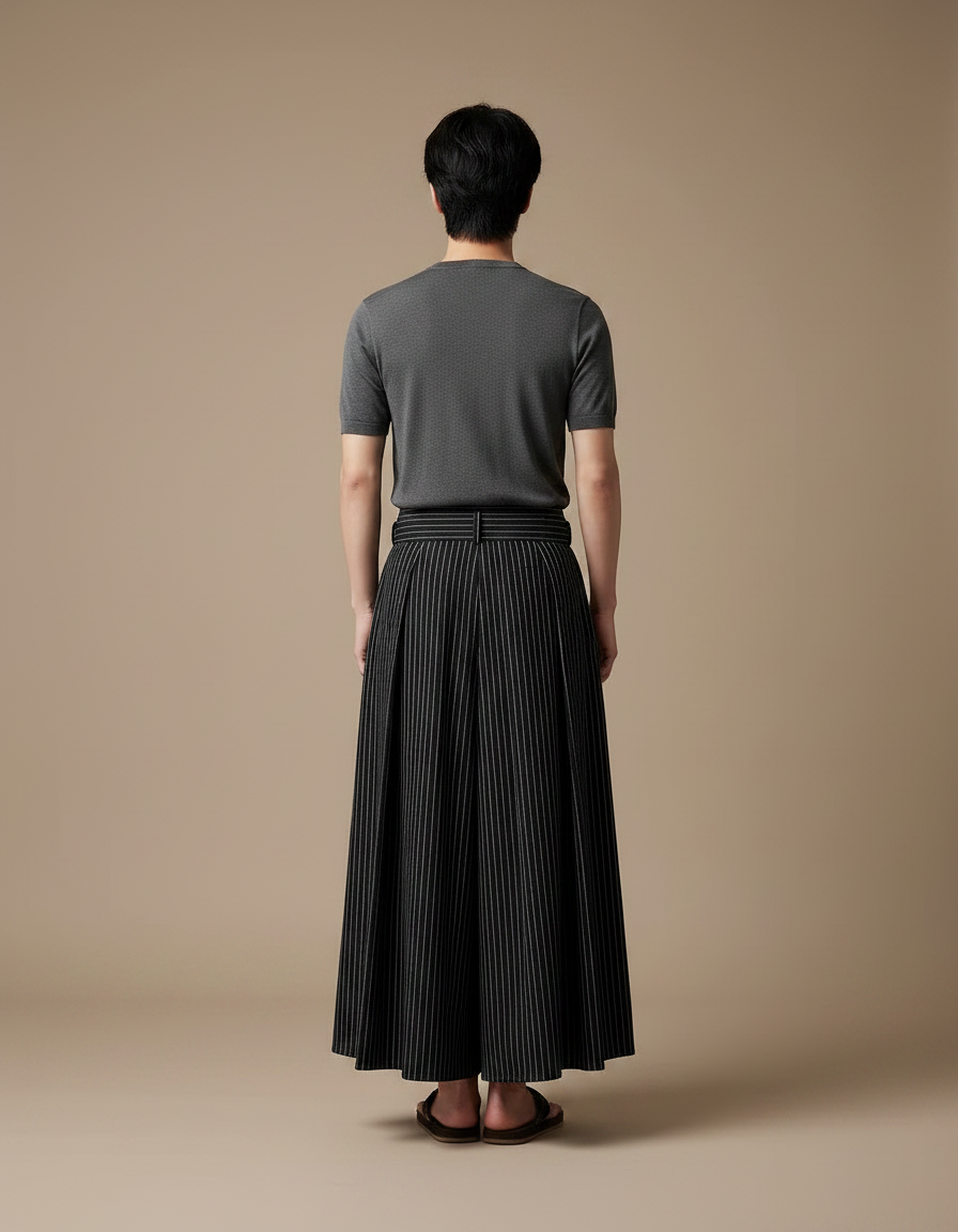 Pantalon Japonais Noir Rayé Plissé Ample Ceinturé - Gabardine - vue 2