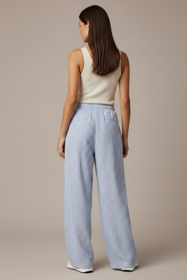 Pantalon Japonais Rayé Ample Fluide Décontracté Femme - Bleu Lin - vue 2