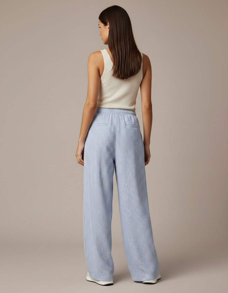 Pantalon Japonais Rayé Ample Fluide Décontracté Femme - Bleu Lin - vue 2