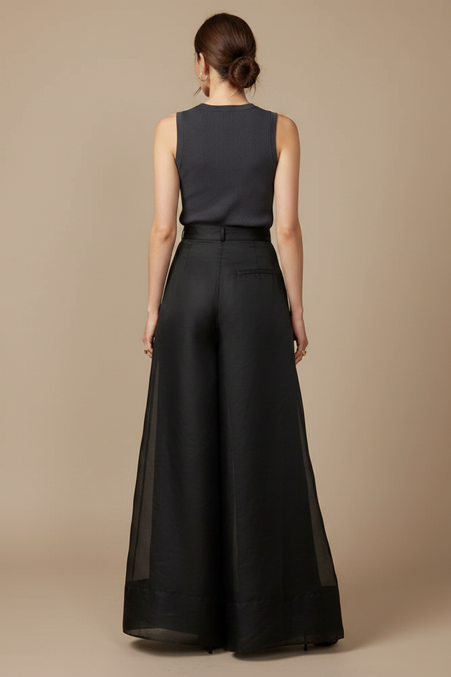 Pantalon Japonais Noir Organza Ample Fluide Taille Haute - Soie - vue 2