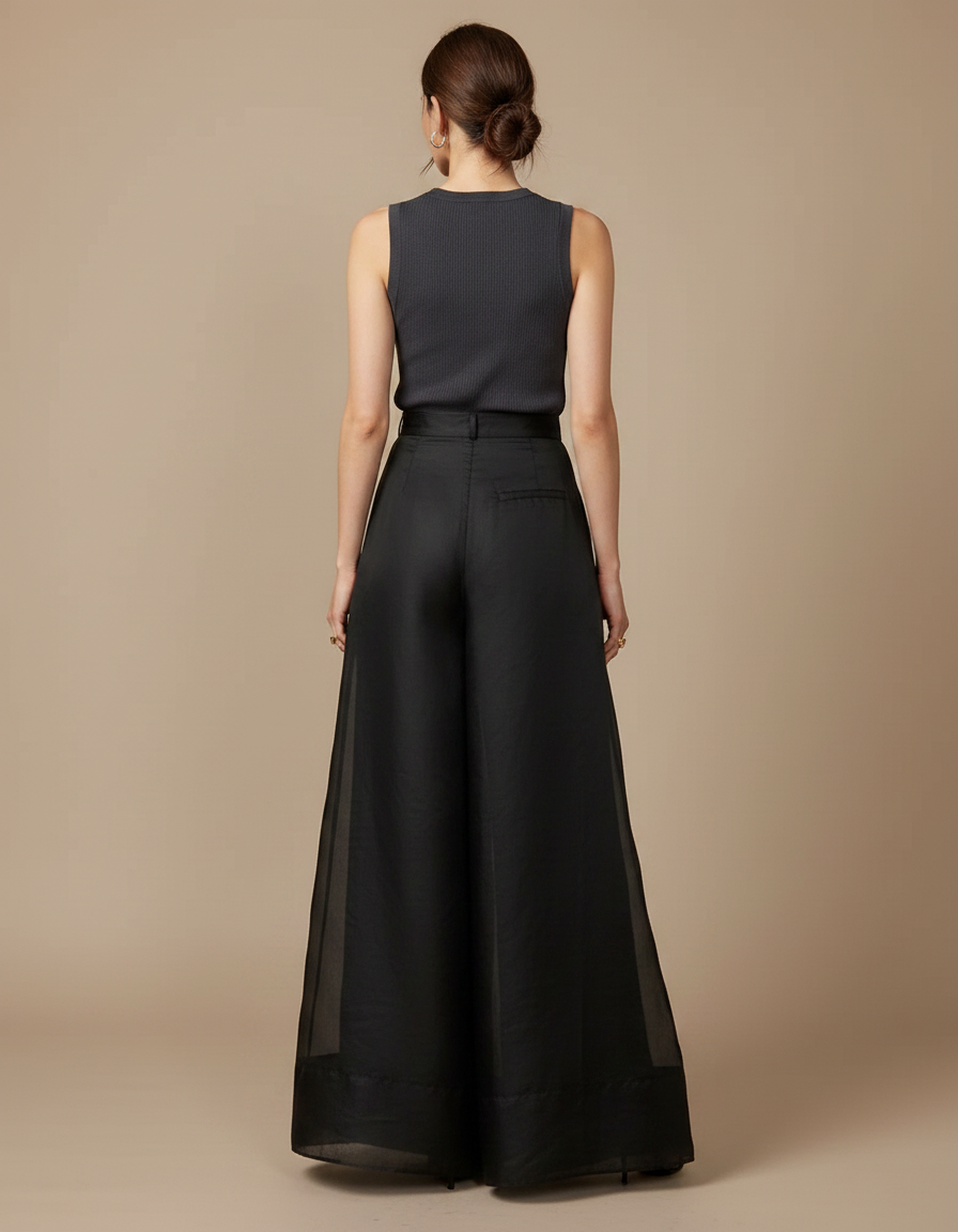 Pantalon Japonais Noir Organza Ample Fluide Taille Haute - Soie - vue 2
