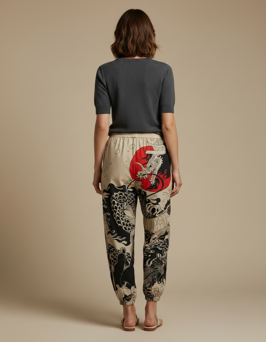 Pantalon Japonais Dragon Soleil Ample Coton Beige - vue 2