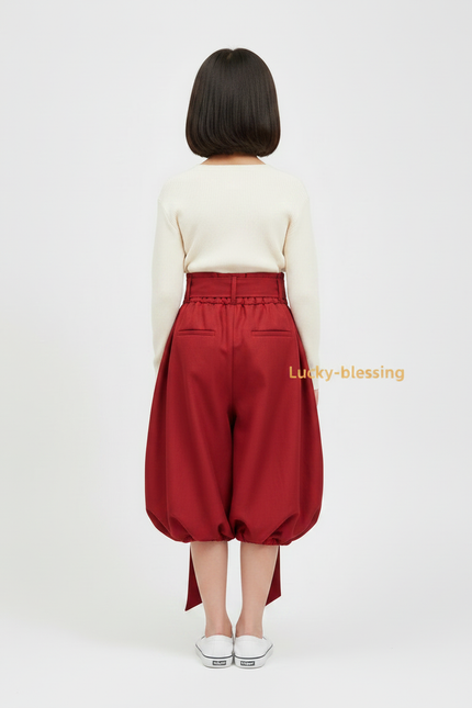 Pantalon Japonais Rouge Bouffant Brodé Ceinturé Fille - Coton - vue 2
