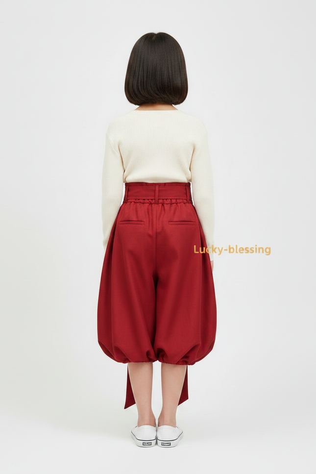 Pantalon Japonais Rouge Bouffant Brodé Ceinturé Fille - Coton - vue 2