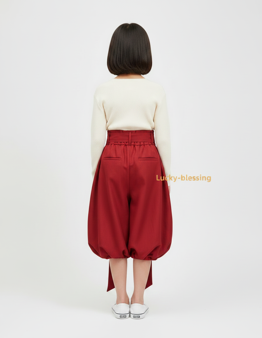 Pantalon Japonais Rouge Bouffant Brodé Ceinturé Fille - Coton - vue 2