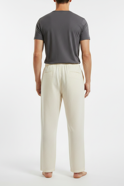 Pantalon Japonais Crème Lin Coton Ample Cordon - Beige - vue 2
