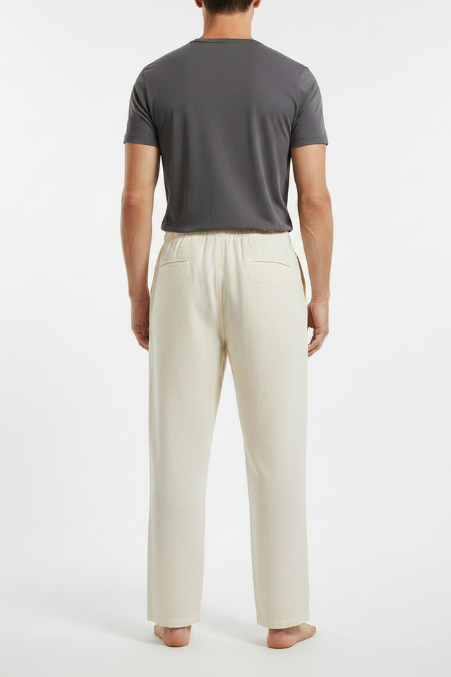 Pantalon Japonais Crème Lin Coton Ample Cordon - Beige - vue 2