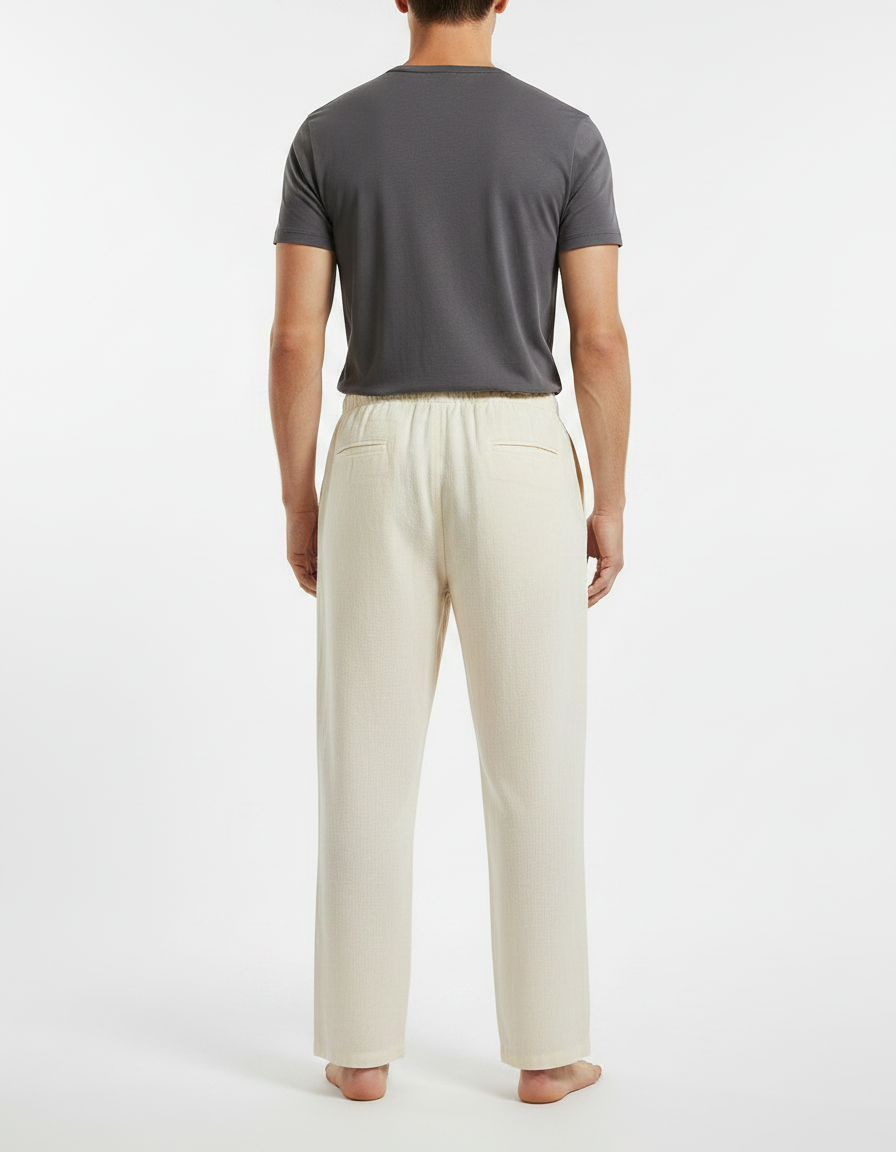 Pantalon Japonais Crème Lin Coton Ample Cordon - Beige - vue 2