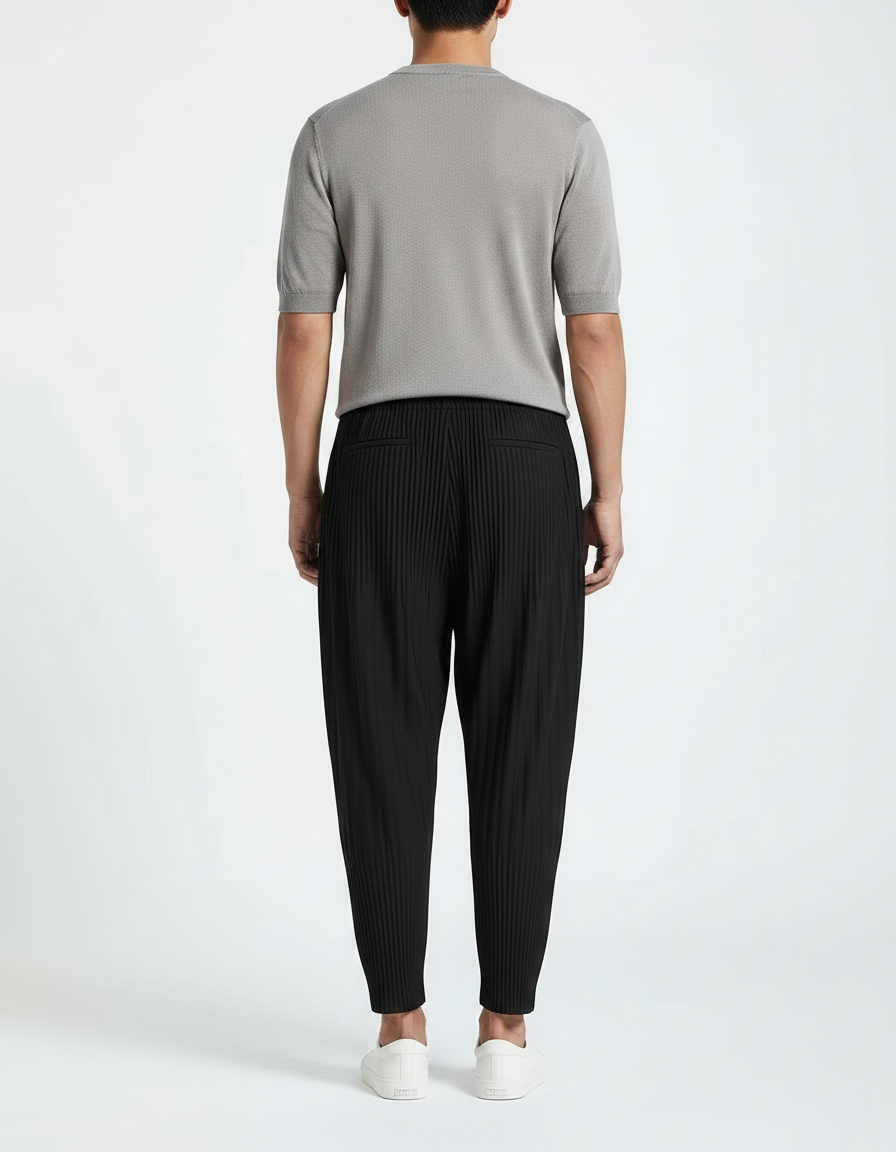 Pantalon Japonais Noir Plissé Ample Décontracté Fluide - Polyester - vue 2