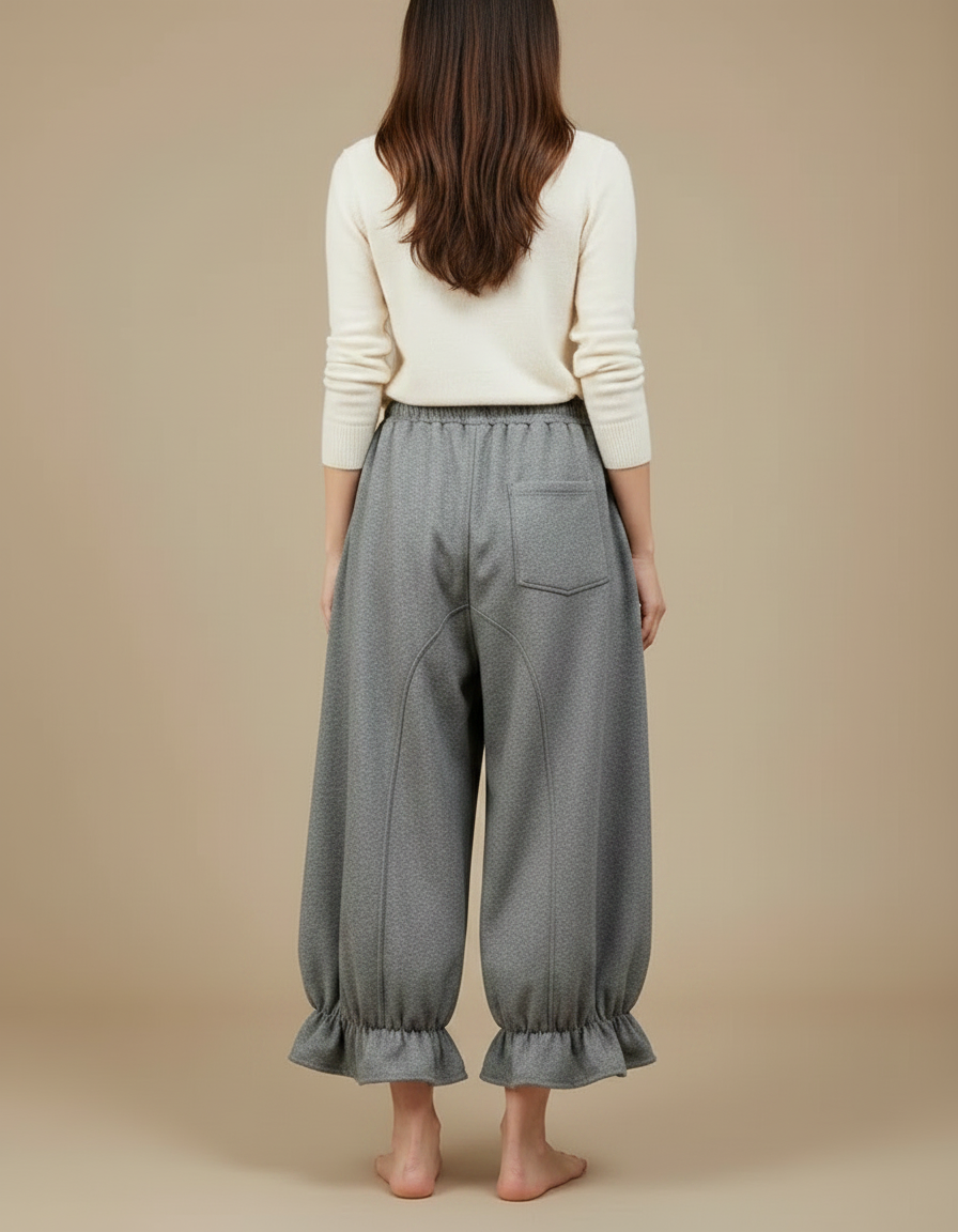 Pantalon Japonais Gris Ample Volants Décontracté Confortable - Molleton - vue 2