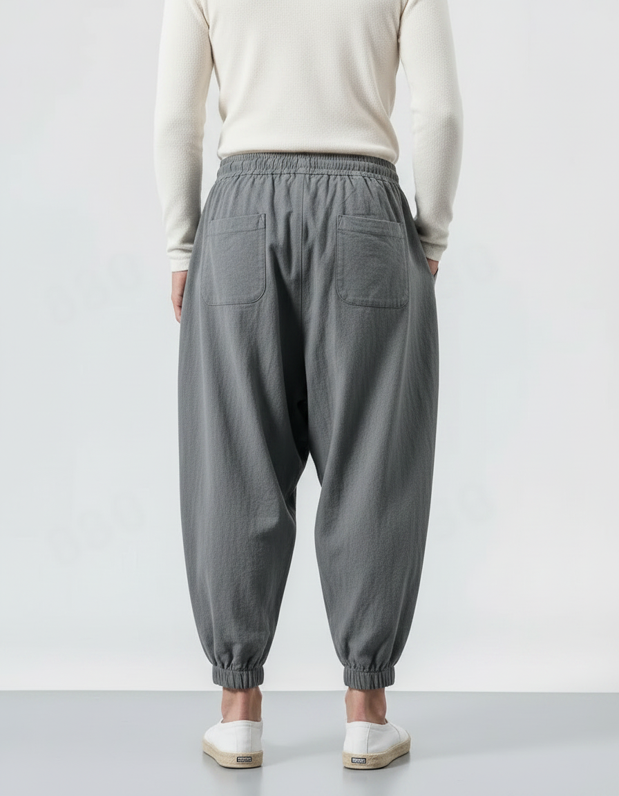 Pantalon Japonais Harem Coton Lin Gris Cordon Homme - vue 2