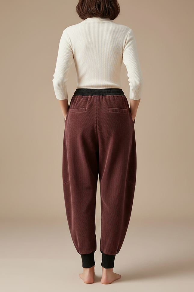 Pantalon Japonais Velours Côtelé Marron Harem Cordon Élastique - Bordeaux Cordé - vue 2