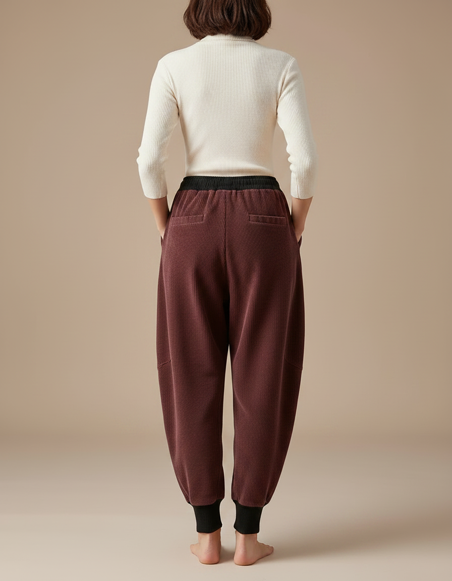 Pantalon Japonais Velours Côtelé Marron Harem Cordon Élastique - Bordeaux Cordé - vue 2