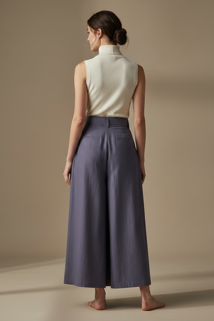 Pantalon Japonais Plissé Ceinturé Ample Fluide Élégant - Bleu Lin - vue 2
