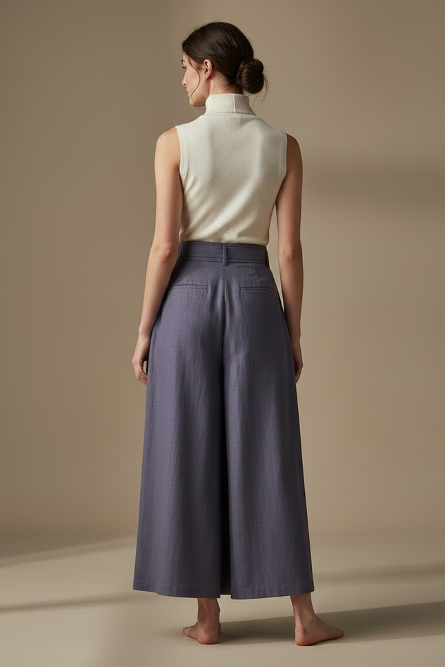 Pantalon Japonais Plissé Ceinturé Ample Fluide Élégant - Bleu Lin - vue 2