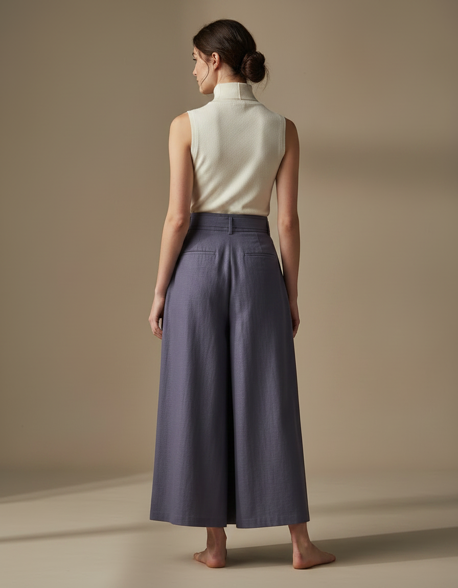 Pantalon Japonais Plissé Ceinturé Ample Fluide Élégant - Bleu Lin - vue 2