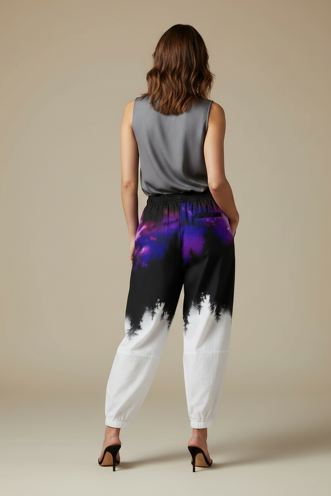 Pantalon Japonais Noir Blanc Imprimé Arbres Fluide Femme - Multicolore Viscose - vue 2