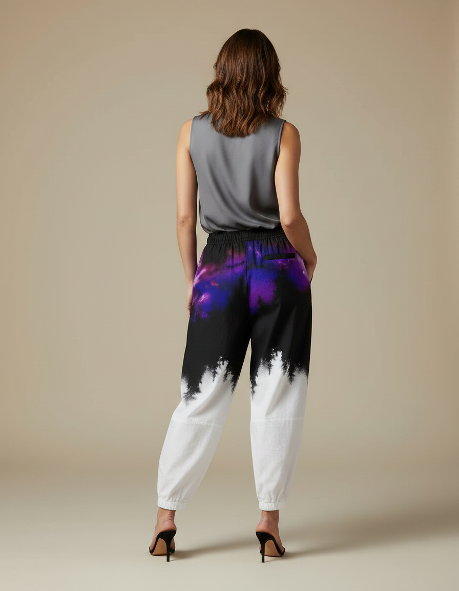 Pantalon Japonais Noir Blanc Imprimé Arbres Fluide Femme - Multicolore Viscose - vue 2