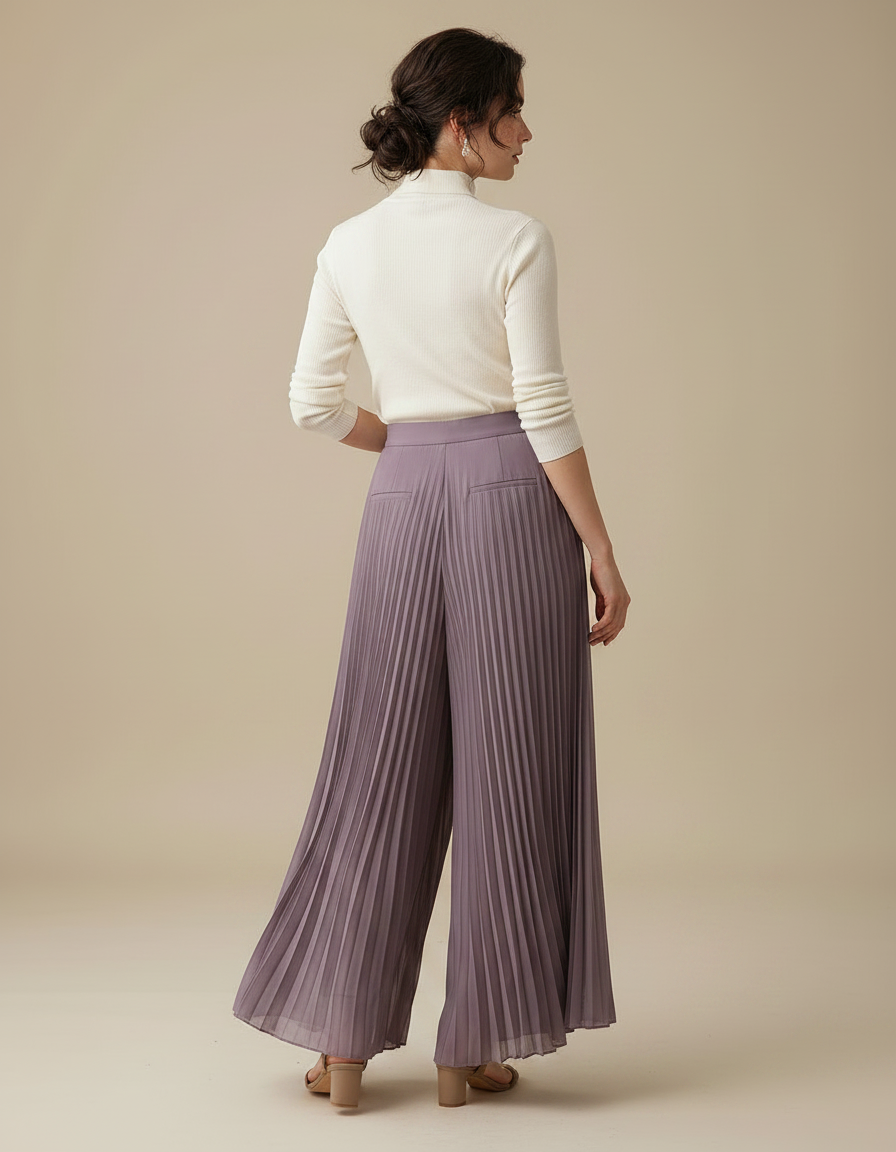 Pantalon Japonais Plissé Violet Ample Fluide Élégant - Polyester - vue 2