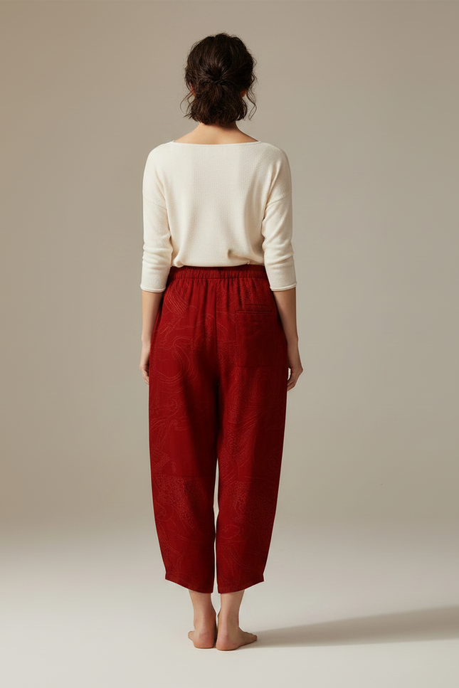 Pantalon Japonais Rouge Bordeau Ample Fluide Motif Paisley - Bordeaux Viscose - vue 2
