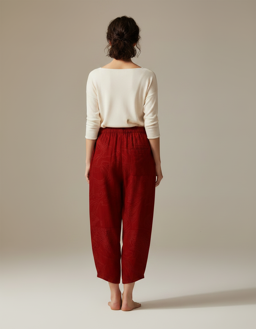Pantalon Japonais Rouge Bordeau Ample Fluide Motif Paisley - Bordeaux Viscose - vue 2