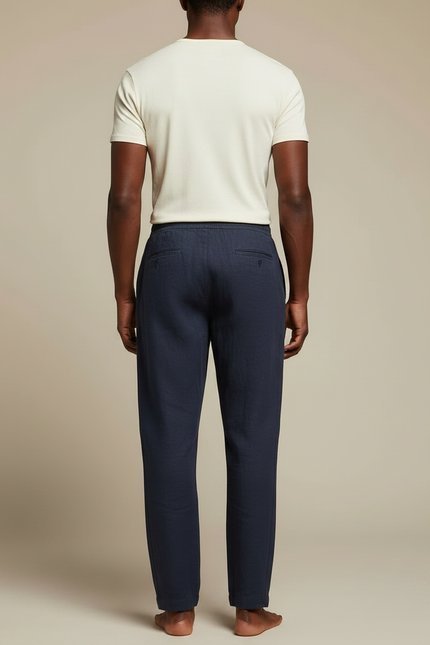 Pantalon Japonais Bleu Marine Lin Ample Décontracté Cordon - vue 2