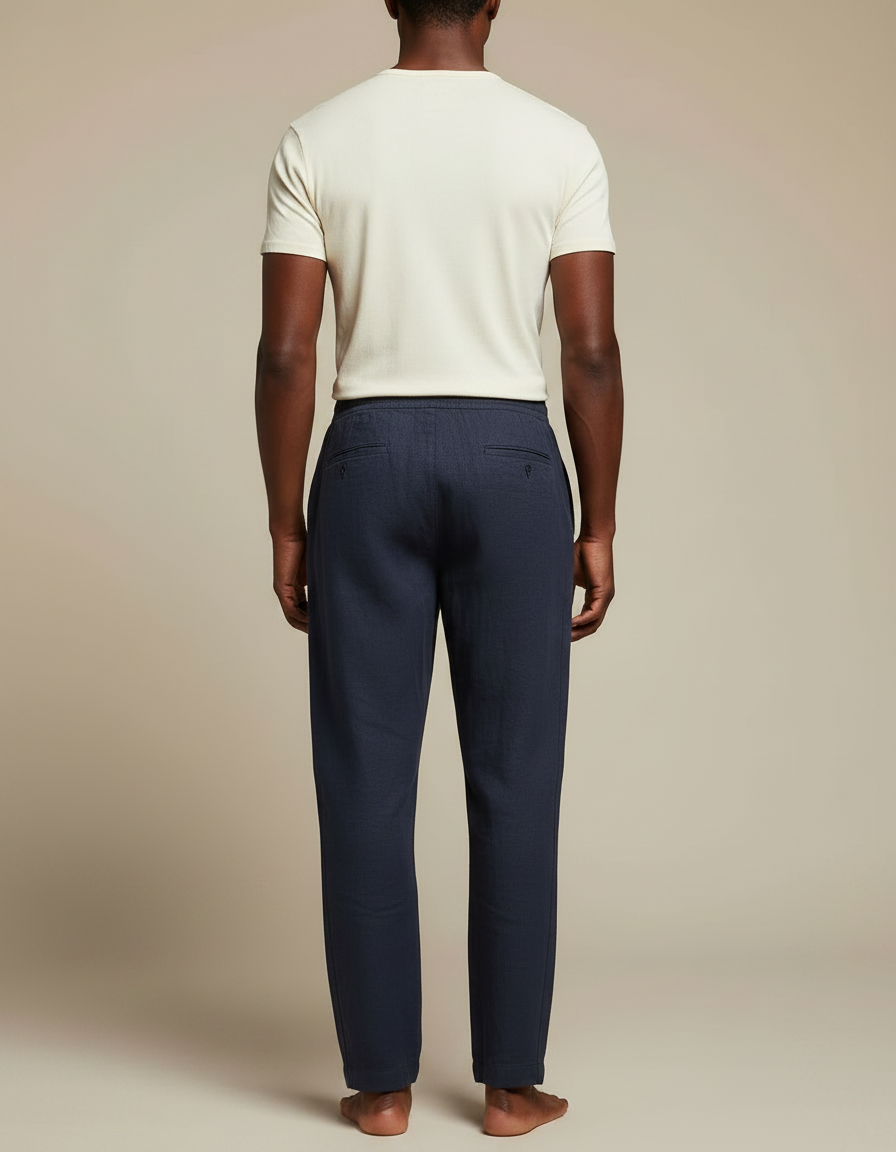 Pantalon Japonais Bleu Marine Lin Ample Décontracté Cordon - vue 2