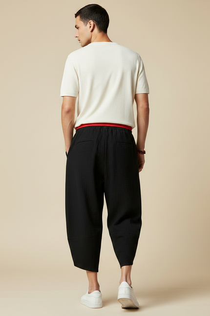 Pantalon Japonais Noir Ample Coton Décontracté Cropped - vue 2