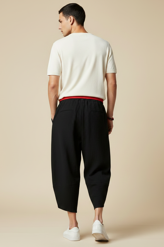 Pantalon Japonais Noir Ample Coton Décontracté Cropped - vue 2