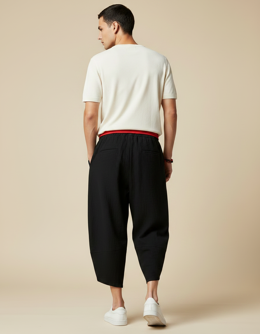 Pantalon Japonais Noir Ample Coton Décontracté Cropped - vue 2