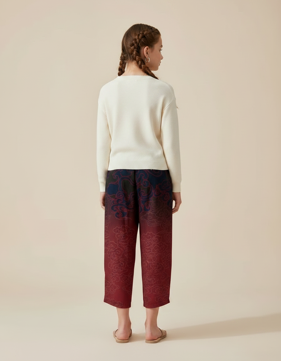 Pantalon Japonais Ample Fluide Dégradé Nuages Fille - Bordeaux Viscose - vue 2