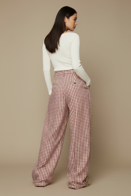 Pantalon Japonais Carreaux Rouges Ample Streetwear Y2K - Bordeaux Coton - vue 2