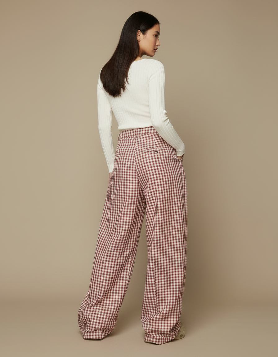 Pantalon Japonais Carreaux Rouges Ample Streetwear Y2K - Bordeaux Coton - vue 2
