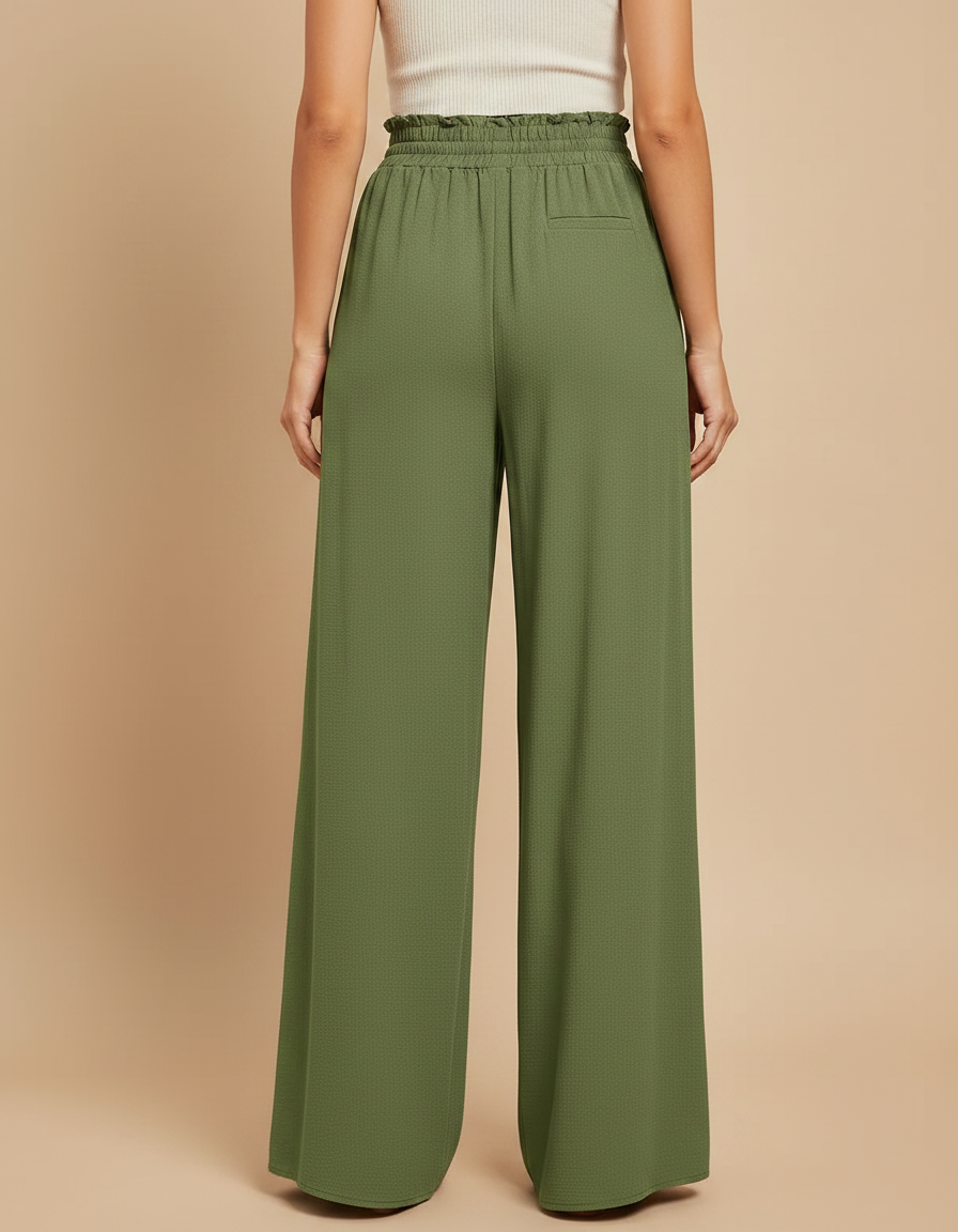 Pantalon Japonais Vert Kaki Fluide Ample Taille Élastique - Viscose - vue 2