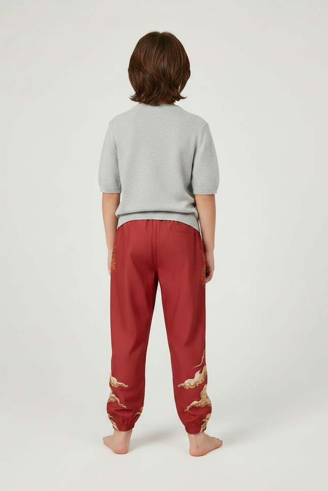 Pantalon Japonais Rouge Dragon Ample Coton Enfant - Polyester - vue 2