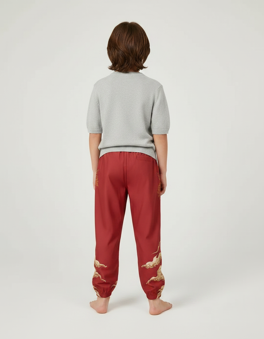 Pantalon Japonais Rouge Dragon Ample Coton Enfant - Polyester - vue 2