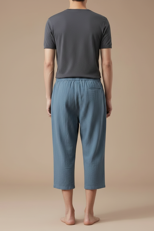 Pantalon Japonais Bleu Coton Ample Court Cordon Décontracté - Lin - vue 2